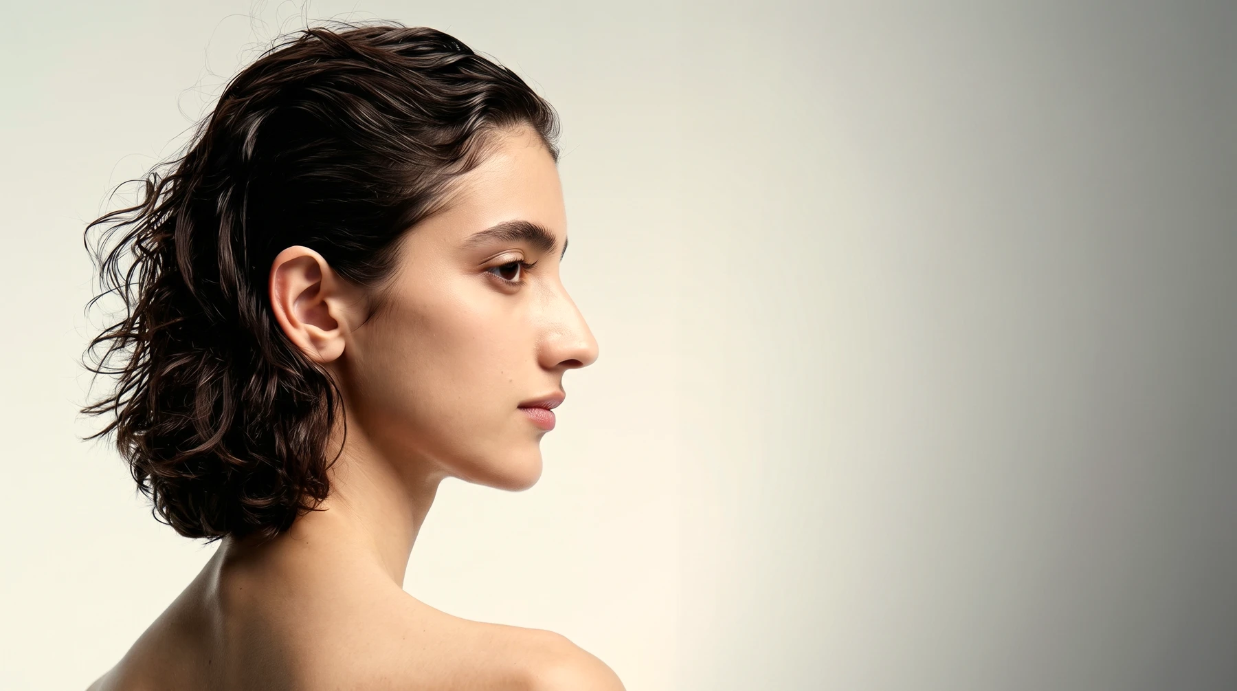 A young woman in calm profile against a pale grey studio backdrop.