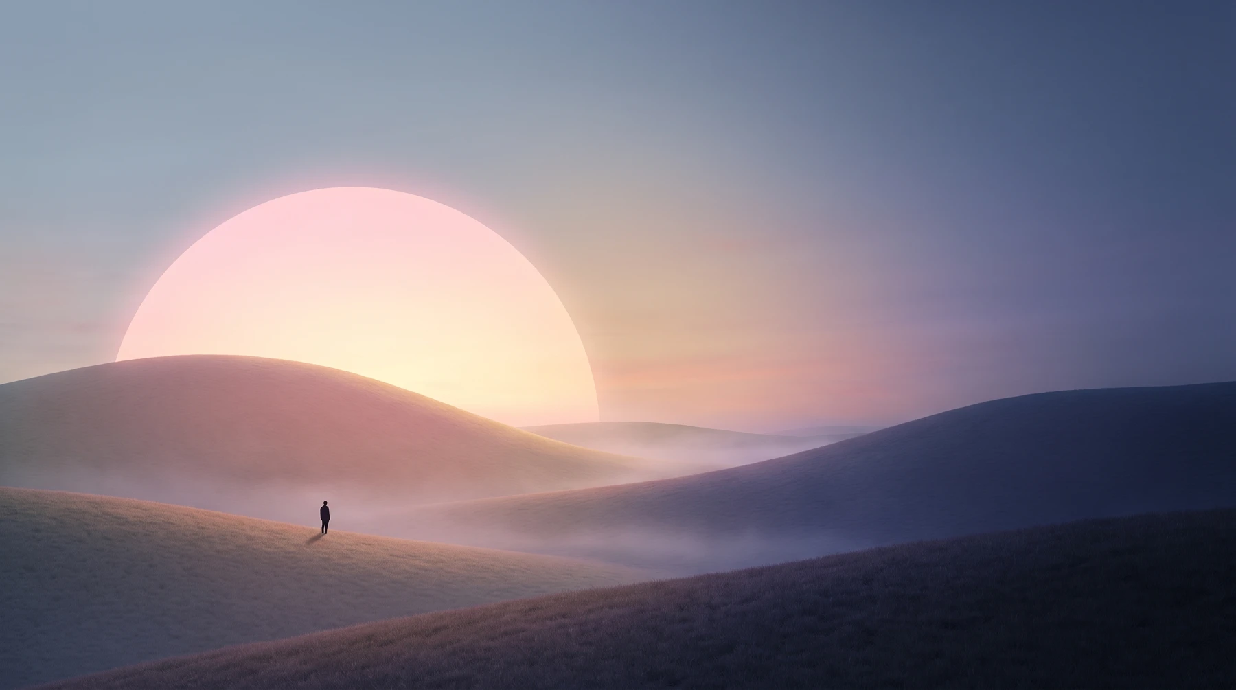 A huge pale sun rising over a single smooth hill, a lone figure watching from the misty slopes below.