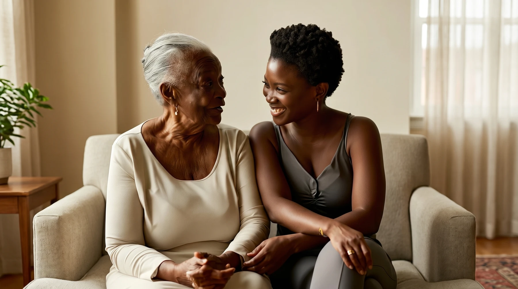 An older woman and a younger woman sitting close together on a sofa, deep in warm conversation.