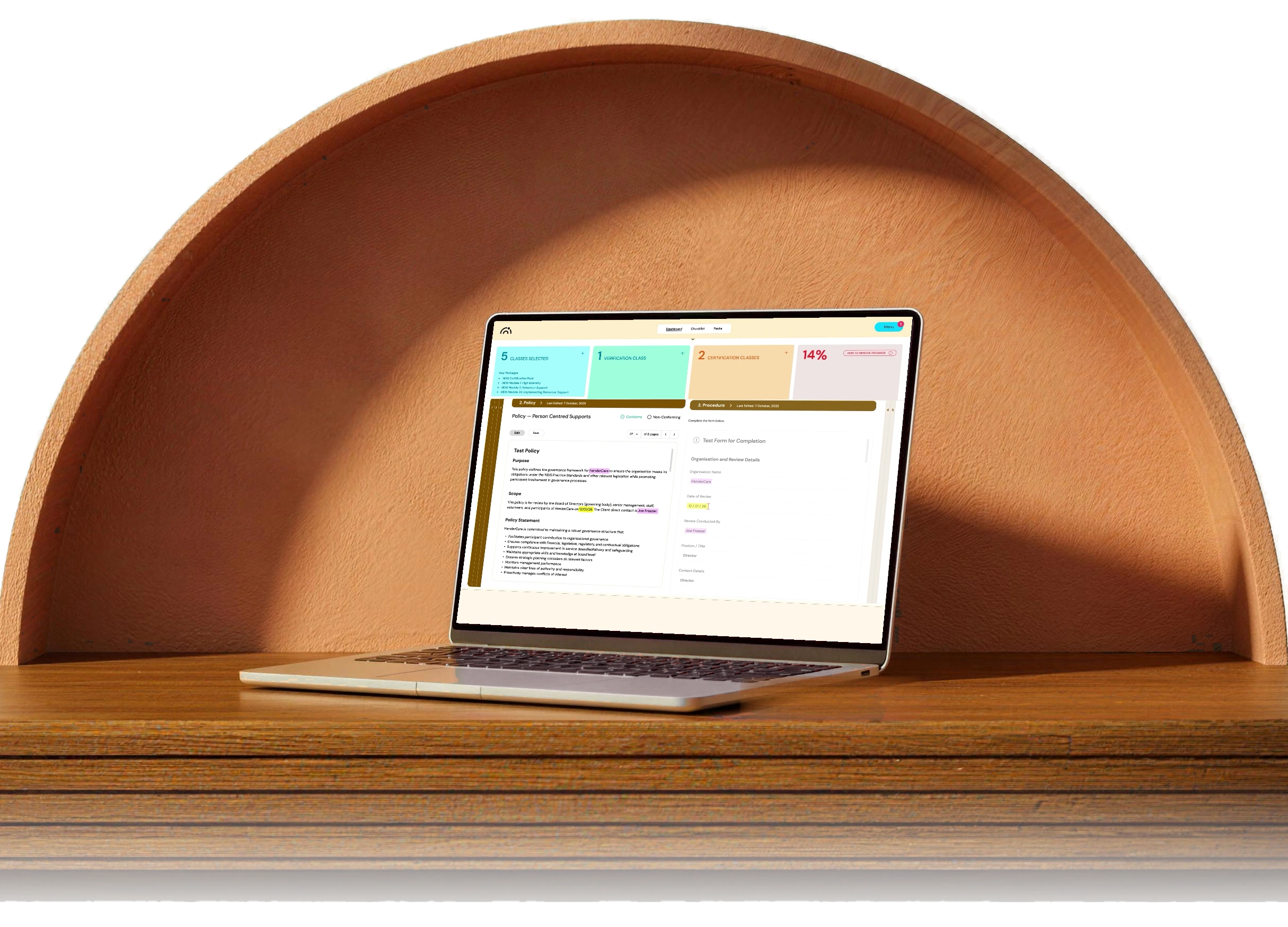 The Rise dashboard on a laptop, on the terracotta plinth.