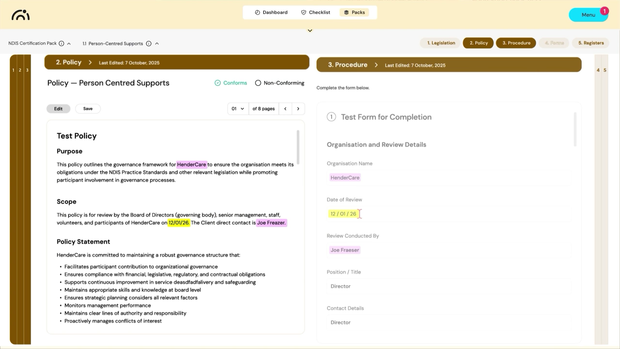 A person-centred supports policy beside the form that evidences it.